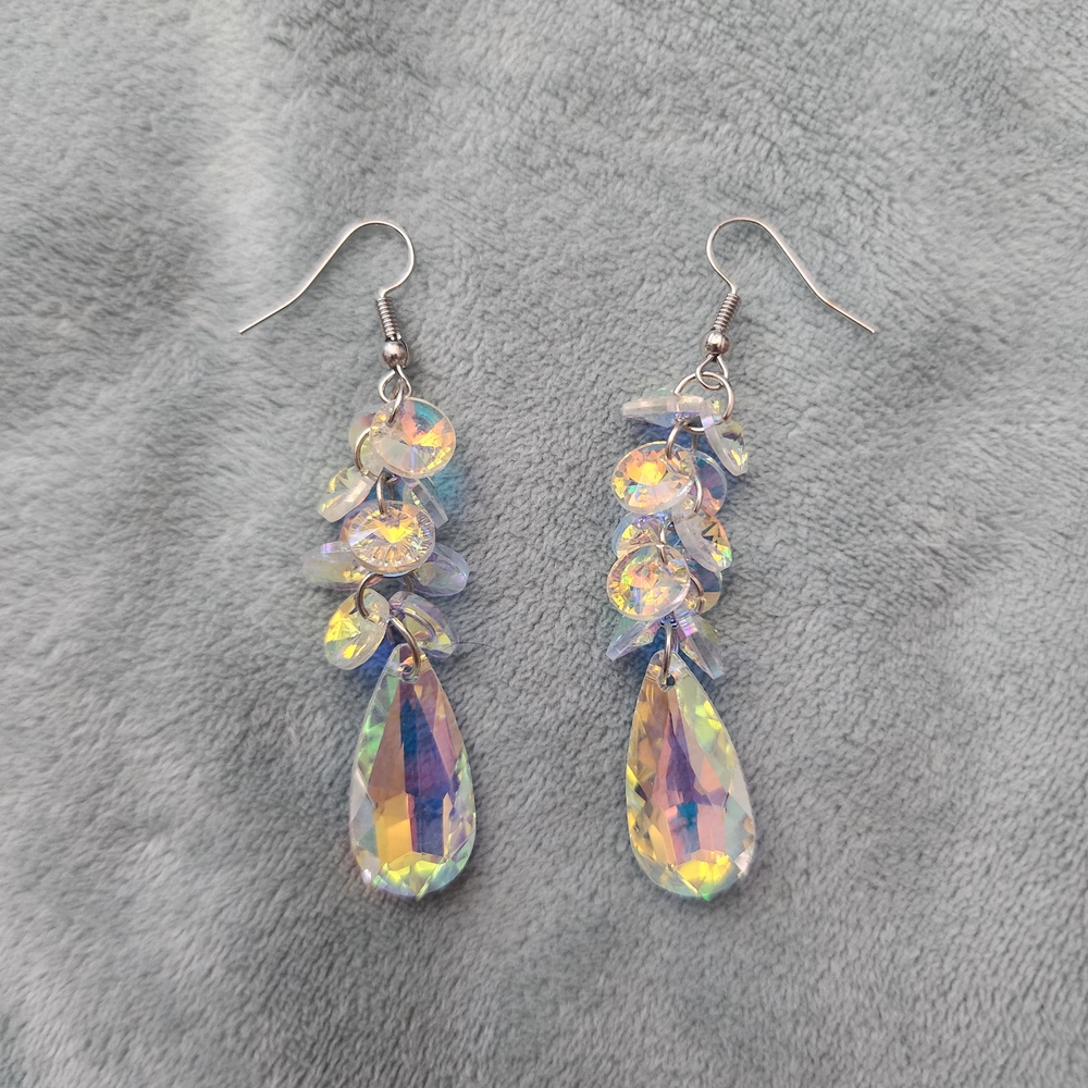 Silver Iridescent Aurora Borealis Crystal Drop Earrings